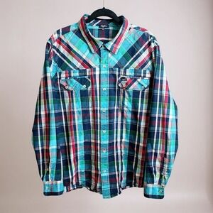 LRG Lifted Research Group Shirt Turquoise Red Plaid Button Up Mens 3XL Americana